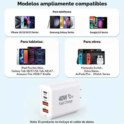 Vista 3 de Bloque de cargador de 40 W para iPhone 16 y 15, paquete de 2 cubos de carga rápida, 4 puertos USB tipo C de carga de pared PD&QC, adaptador de Apple