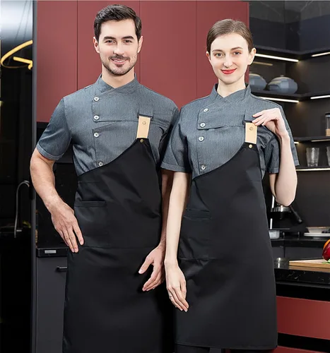 Vista 4 de Chaqueta de chef de moda para hombre, transpirable, con ventilación oculta, uniforme de chef (abrigo + delantal)