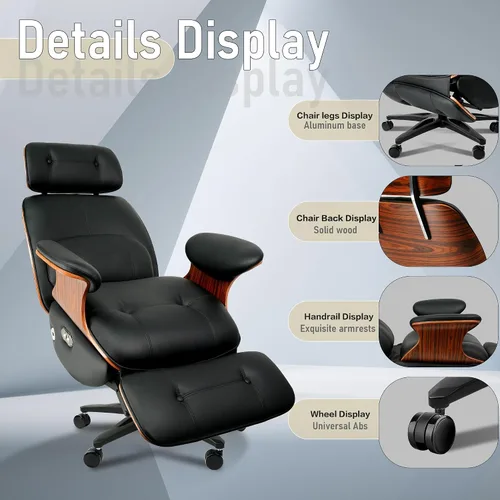 Vista 6 de Silla de oficina ergonómica de cuero, reclinable/reposapiés Negro
