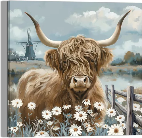 Vista 10 de YUEYARIT Decoración de pared de vaca de las tierras altas de granja en verde azulado y marrón: imagen rústica de vaca y diente de león, impresión