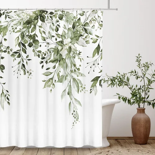 Vista 74 de Tititex - Juego de cortinas de ducha de eucalipto negro, hojas de acuarela gris en la parte superior, con decoración floral de baño, 60 x 72