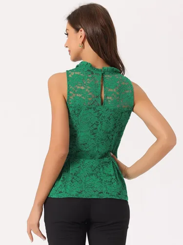 Vista 4 de Allegra K Top peplum sin mangas con encaje floral y cuello con abertura en la espalda para mujer