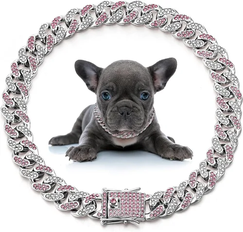 Vista 8 de LEIFIDE Collar de Cadena para Perro con Enlace de Diamante Collar para Cachorros de 12 mm de Ancho Collar de Metal para Gatos Collar de Cristal