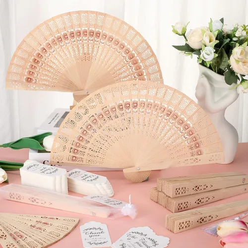 Vista 7 de Geelin 150 juegos de abanicos de sándalo con borlas, funda de organza y etiqueta de regalo de agradecimiento, ventilador de mano de estilo oriental