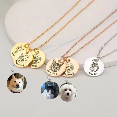Vista 2 de Anavia Collar personalizado de retrato de mascota, regalo de joyería conmemorativa hecho a mano, collar grabado con foto de disco redondo