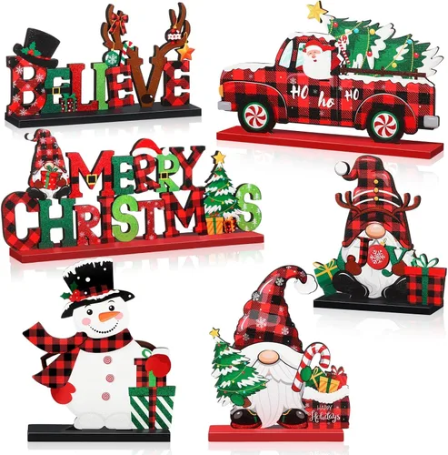 Vista 10 de Capoda 6 piezas de decoración de mesa de Navidad, centros de mesa de Navidad de madera, muñeco de nieve, Papá Noel, gnomo, letreros de Feliz