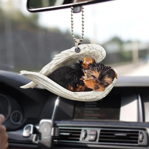 Vista 11 de Talataca Adorno Colgante de Perro Yorkshire Terrier con Sombrero Corona de Yorkie Amante de Perros Adorno Plano 2D de Árbol de Navidad en Madera