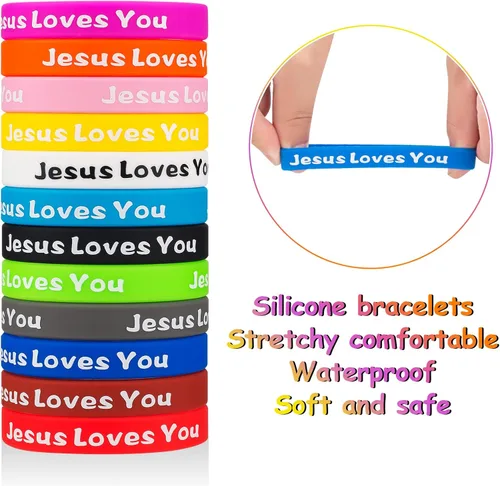 Vista 2 de Jesus Loves You - Pulseras de goma coloridas de silicona cristiana para hombres y mujeres, regalos de fiesta, pulsera inspiradora para adultos