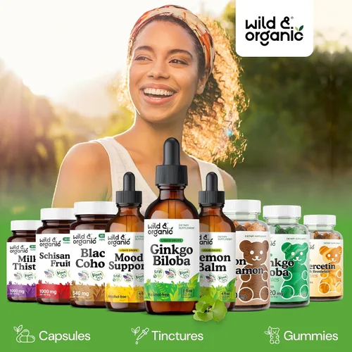 Vista 5 de Wild & Organic Tintura de ginkgo biloba, apoyo para el cerebro y la concentración con suplemento de hoja de ginkgo, tintura de extracto de hierbas
