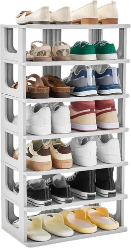Vista 9 de TRZZ - Estante pequeño para zapatos de 4 niveles, organizador vertical estrecho apilable con partición removible, almacenamiento eficiente de Negro