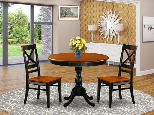 Vista 2 de East West Furniture AMQU3-BCH-W - Juego de cocina antiguo de 3 piezas que contiene una mesa redonda con pedestal y 2 sillas de comedor, 36 x 36