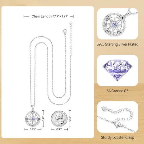 Vista 35 de Peeshow Collar para mujer, brújula, piedra natal, joyería de cumpleaños, aniversario, ideas para su novia, regalo romántico de amor en Navidad, día