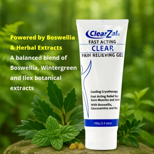 Vista 4 de ClearZal Gel transparente para aliviar el dolor de acción rápida con crioterapia refrescante, boswellia y glucosamina para dolores musculares