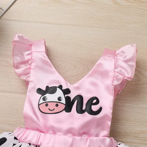 Vista 4 de IMEKIS Toddler Baby Girl Farm Cow 1st Birthday Outfit Cow Print Dress with Headband Cake Smash Photo Shoot Clothes Set