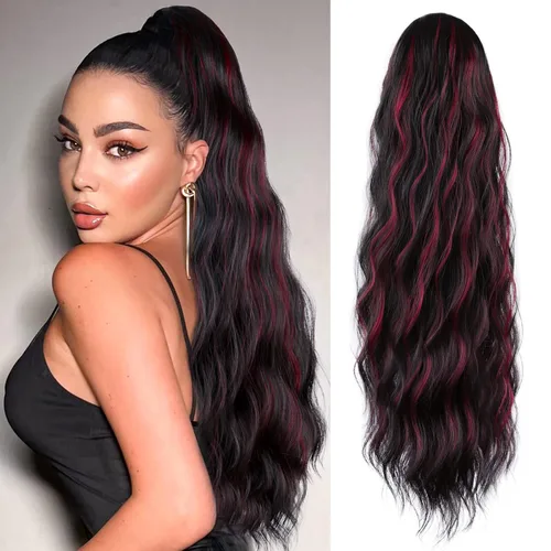 Vista 20 de FREEMEIGE Extensión de Cola de Caballo de 22 Pulgadas Negro Mezclado con Burdeos Larga Ondulada con Cordón Extensión de Cola de Caballo para Mujeres