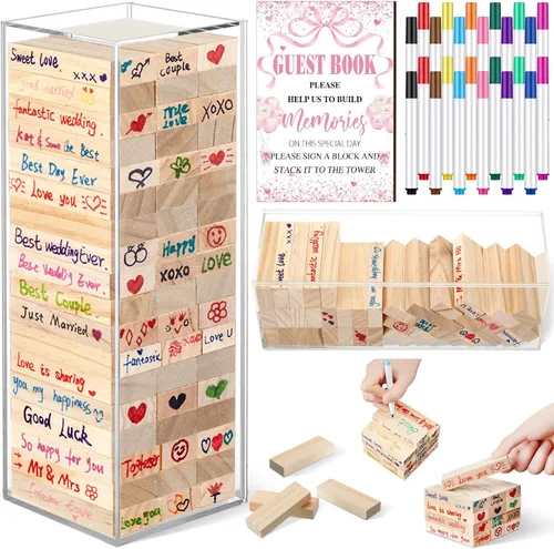 Vista 14 de Beeveer 80 piezas Libro de invitados para boda alternativo en bloque de madera para cartel de boda, decoración de despedida de soltera, 54 piezas