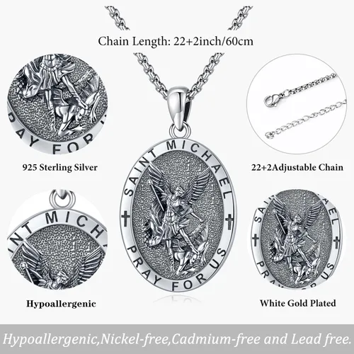 Vista 3 de Odinstone Collar de plata de ley 925 con medalla de San MiguelSan CristóbalSan BenitoCrucifijo de JesúsSan UrielArcángel Rafael para hombres
