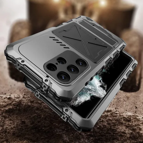 Vista 6 de Simicoo Samsung S23 Ultra - Funda de metal para parachoques, color negro, resistente Armor Defender con Gorilla Glass integrado, protección de grado
