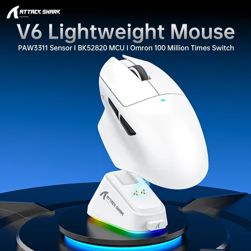 Vista 11 de ATTACK SHARK V6 - Mouse inalámbrico para juegos con base de carga RGB, sensor PAW3311 de 25 K DPI y tres modos de sondeo de 1 K, batería de 500 mAh