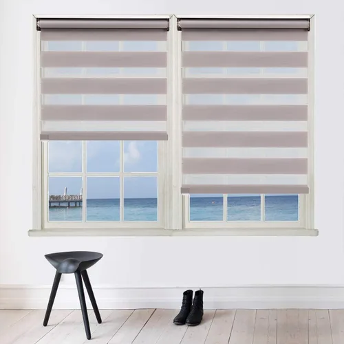 Vista 2 de Persianas enrollables sin cordones con diseño de cebra, de doble capa, para privacidad y control de la luz, color gris (28 x 72 pulgadas)