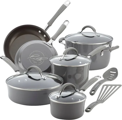 Vista 13 de Rachael Ray Cucina - Juego de ollas y sartenes antiadherentes, 10 piezas, color azul agave
