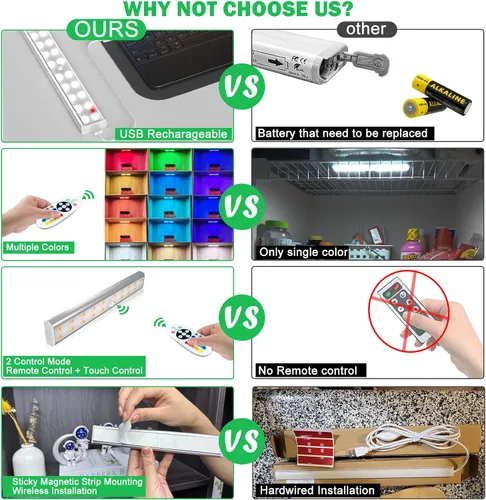 Vista 7 de Iluminación para debajo del gabinete, inalámbrica, recargable, funciona con pilas, luces LED regulables debajo de la encimera, barra de luces