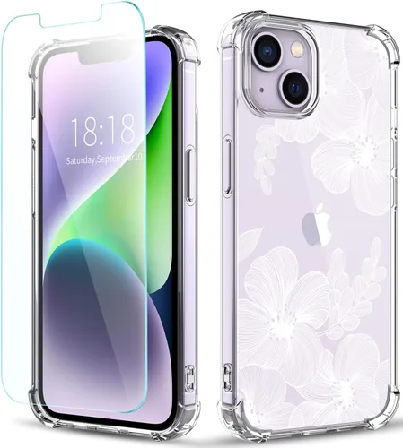 Vista 27 de Funda para iPhone 14, [3 en 1] con protector de pantalla y protector de lente de cámara, diseño de patrón de flores, transparente, suave, a prueba