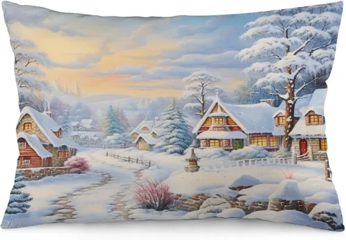 Vista 14 de Funda de almohada con escena de pueblo navideño con niños, fundas de almohada de 12 x 20 pulgadas, almohadas decorativas de Navidad para sofá, funda