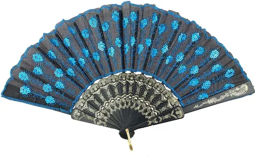 Vista 11 de InnoLife Elegante abanico de mano plegable con flores bordadas y patrón de pavo real con lentejuelas en tela artesanal (5 piezas, rojo)