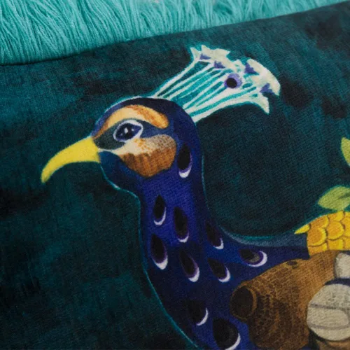 Vista 3 de JWH Funda de almohada con estampado de flores de pavo real azul y verde, funda de almohada decorativa de chenilla con borlas para cama, sala