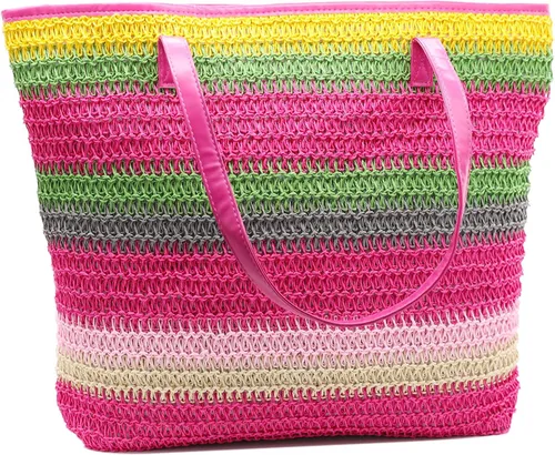 Vista 47 de Bolso grande de paja para mujer, tejido de ratán, bolso de playa de verano, a rayas