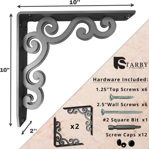 Vista 3 de Soportes de estante de metal Starby resistentes ~ Soportes de corbel de pared de hierro para mostrador, repisa, estantes ~ Hierro forjado negro ~