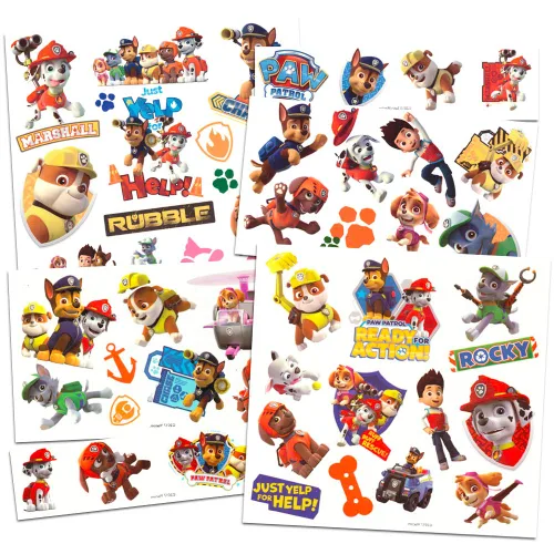 Vista 2 de Paw Patrol Juego de disfraz de tatuaje, paquete de 100 tatuajes temporales con Chase, Marshall, Rocky, Zuma, Skye y Rubble Recuerdos de fiesta