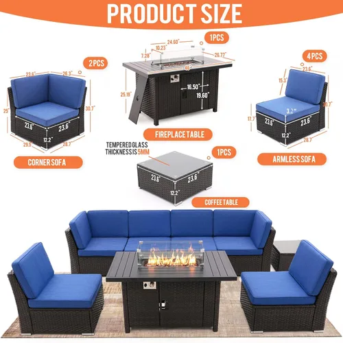 Vista 5 de Juego de 8 muebles de patio al aire libre con mesa para fogata de propano de 46 pulgadas, muebles de mimbre de polietileno marrón, sofá seccional