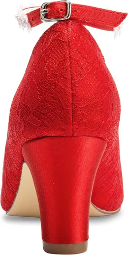 Vista 6 de JIAJIA 62311A - Zapatos de novia para mujer, punta cerrada, tacón grueso, con encaje de satén, zapatos de boda con flores de satén