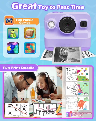 Vista 5 de Juguetes de Cámara Instantánea para Niños de 3-12 años, Regalo de Navidad y Cumpleaños para Niñas y Niños - Cámara Digital para Niños con Pantalla