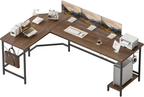 Vista 48 de Mericonia Escritorio para computadora en forma de L con tomas de corriente, escritorio para juegos reversible con estantes de almacenamiento y Marrón