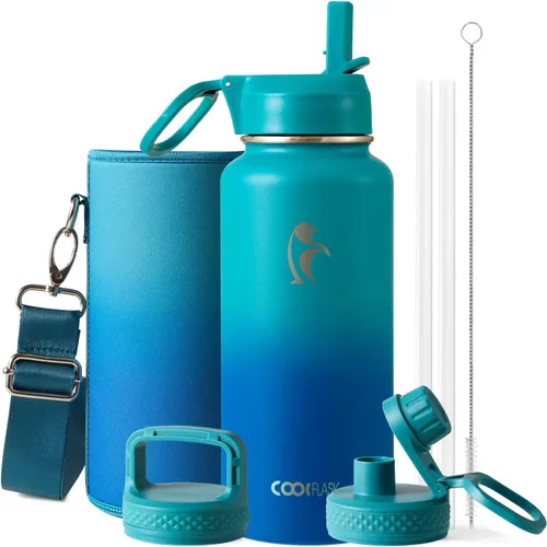 Vista 76 de Coolflask Botella de agua de 20 onzas aislada con pajilla, 3 tapas de metal de acero inoxidable, botella de agua de boca ancha para deportes u