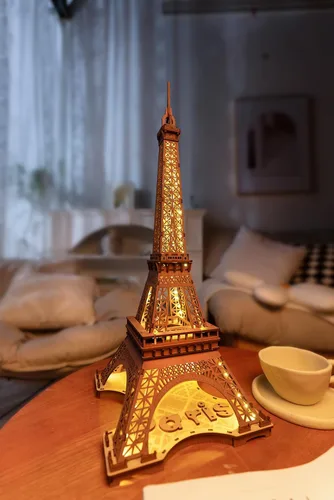 Vista 5 de ROBOTIME Rompecabezas 3D para adultos, kit de construcción de modelos de bricolaje, torre Eiffel y caja de música de madera, atardecer carnaval