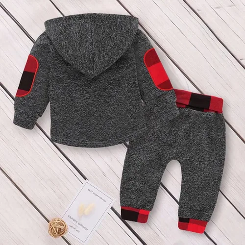 Vista 2 de Ropa de bebé niño para niños pequeños, traje de otoño e invierno, manga larga, bolsillo a cuadros, sudadera con capucha + pantalones, 2 piezas