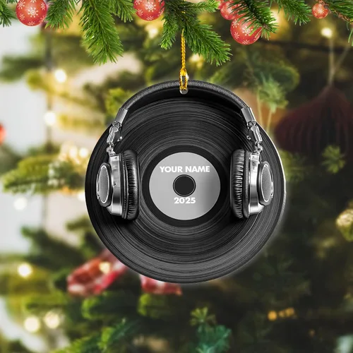 Vista 7 de Adorno de Navidad personalizado, máquina de discos de vinilo, adorno plano 2D, adorno para tocadiscos, instrumento musical, decoración de árbol