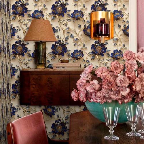 Vista 5 de MuralPeel Papel Tapiz Vintage con Florales Dorados Azules y Amarillos de Despegar y Pegar Fácil de Quitar Autoadhesivo Removible Adhesivo para Pared