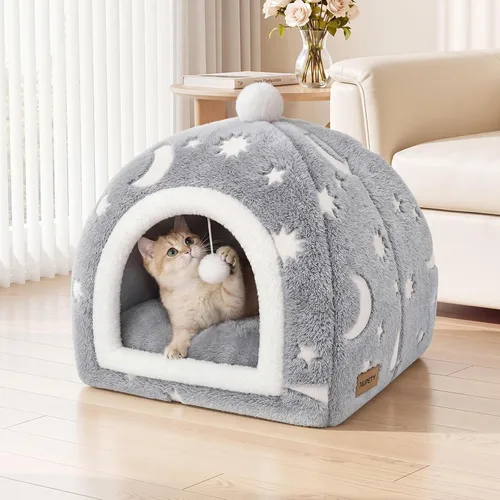 Vista 2 de Glow in the Dark Cat Cave Bed, 2-in-1 Foldable Indoor Cat Tent Cat House
