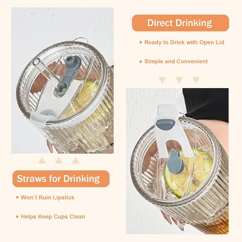 Vista 4 de Tazas de vidrio de 20oz con tapas y pitillos, 2 piezas de tazas de vidrio con tapas y pitillos, tazas de café helado con tapa, vasos para jugo