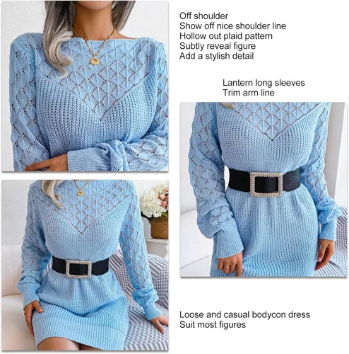 Vista 9 de Pissente Vestido tipo suéter ajustado para mujer con cuello barco, manga de linterna hueca (cinturón no incluido)