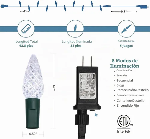 Vista 2 de WATERGLIDE Luces de Navidad C6, 100 luces LED de 33 pies, guirnalda de luces facetadas de alambre verde con adaptador seguro, 8 modos