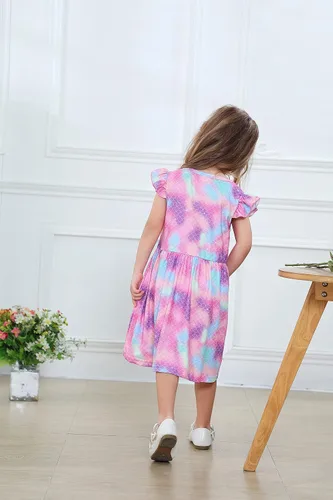 Vista 8 de Vestido de unicornio casual con mangas con vuelo para niñas pequeñas, vestido de verano para fiesta de cumpleaños, vestidos de verano de 1 a 8 años
