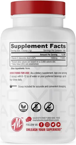 Vista 2 de Metabolic Nutrition Vitamina C, 1000 mg, grado farmacéutico puro, ácido ascórbico de alta absorción (3.53 oz)