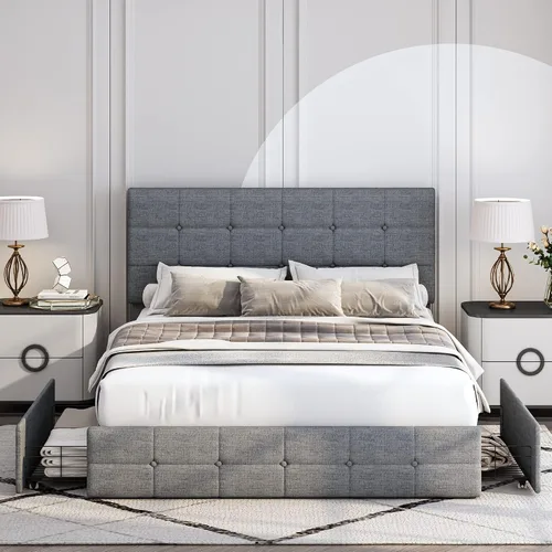 Vista 3 de Base de cama tapizada con 4 cajones de almacenamiento, diseño de cabecera copetuda con botones, fácil montaje, soporte de listones de madera,
