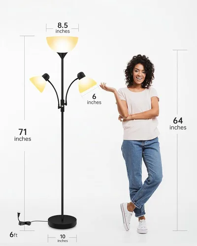Vista 8 de Lámpara de pie negra, lámpara de pie, lámparas de pie de 71 pulgadas de alto para sala de estar, interruptor de 3 vías, pantalla de lámpara
